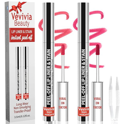 2pcs Lip Stain Peel Off - Lip Liner Stain Long Lasting Waterproof,2-in-1 Lip Liner with Tweezer Nude Matte,Non-Stick Cup,Highly Pigmented，Natural Finish,Stay On All Day,Perfect for Gift (Nude+Rose)