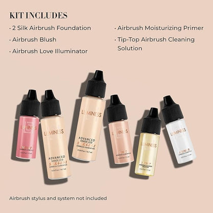 Luminess Silk 4-in-1 Airbrush Foundation Makeup Starter Kit - Fair Coverage, 6-piece - Includes 2x Silk Airbrush Foundation, Blush, Glow Highlighter, Moisturizer Primer & Airbrush Cleaning Solution