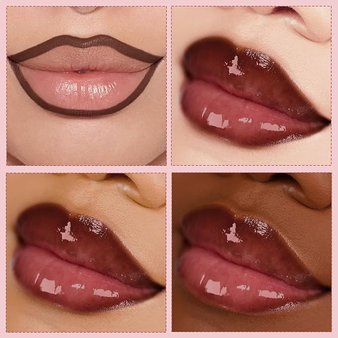 Nourishing Lip Gloss Moisturizing High Shine Fresh Lightweight Glossy Plumping Lip Combo or Women Long Wear Lip Glow Oil with Brown Lip Liner Set Non-Sticky Liquid Lipstick Makeup#12