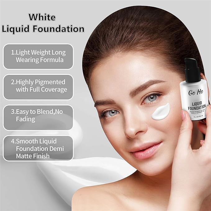 Go Ho White Liquid Foundation,Full Coverage White Foundation Color Corrector Demi Matte Finish for Goth Clown Makeup, Daily,Cosplay, Halloween Makeup