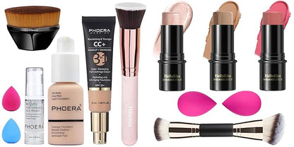 PHOERA Foundation,PHOERA CC+ Cream Color Correcting Anti Aging Hydrating Serum &SPF 25+,3 Pcs Cream Contour Stick Makeup Kit, Shades with Highlighter Stick, Blush Stick and Bronzer Contour Stick