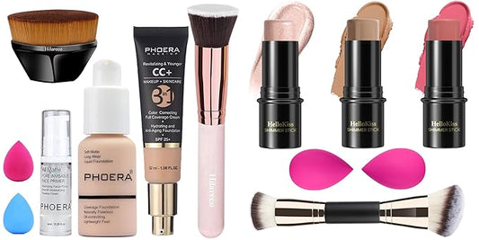 PHOERA Foundation,PHOERA CC+ Cream Color Correcting Anti Aging Hydrating Serum &SPF 25+,3 Pcs Cream Contour Stick Makeup Kit, Shades with Highlighter Stick, Blush Stick and Bronzer Contour Stick