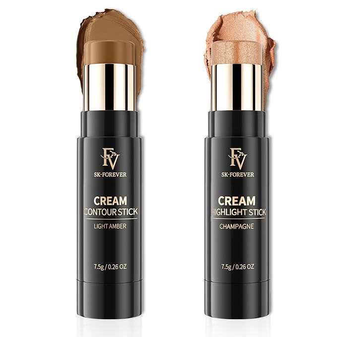 FV 2PCS Contour Stick, Highly Pigmented & Blendable Contour and Highlighter Stick, Long Lasting & Creamy Texture, Waterproof Contour Set for Face Shaping Makeup, 03&04