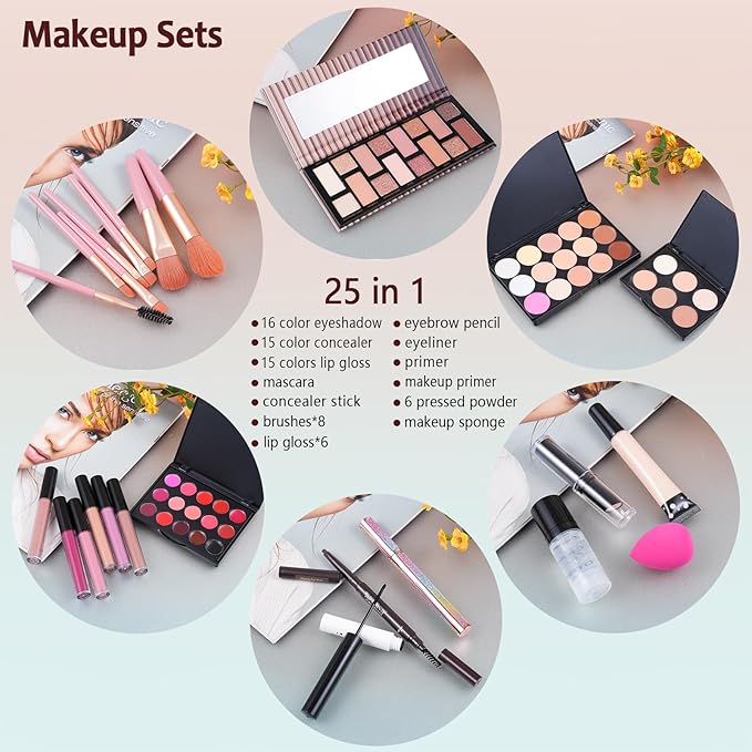 Makeup Kit For Women Full kit, Makeup Set For Teen Girls Eyeshadow Lip gloss Lipstick Make up Brushes Eyebrow Eyeliner Pen Liquid Concealer Foundation Primer makeup bag