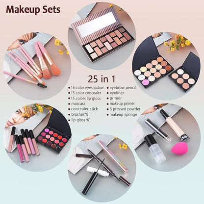 Makeup Kit For Women Full kit, Makeup Set For Teen Girls Eyeshadow Lip gloss Lipstick Make up Brushes Eyebrow Eyeliner Pen Liquid Concealer Foundation Primer makeup bag