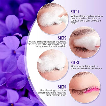 Lash Shampoo for Lash Extensions 60 Ml/2fl.oz Eyelash Extension Cleanser Oil Free Lash Cleanser for Eyelash Care, Gentle Foaming Eyelash Shampoo with Brush for Salon Home Care (Lavender 60ml)
