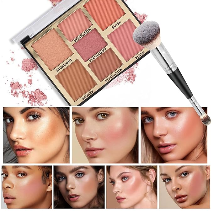 Full Face Makeup Palette, 4 in 1 Small Nude Nake Makeup Palet with Highlight, Bronze, 3 Colors Eyeshdow, 2 Color Blush, Double Side Brush, Fine Silky Powder