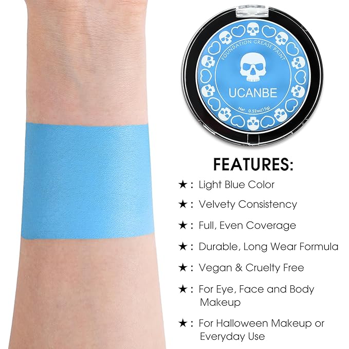 UCANBE Light Blue Face Body Paint Makeup Foundation, Cream Greasepaint for Kids & Adult, Non-Toxic FX Face Painting Kit for Halloween Smurf Avatar Corpse Bride Sally Face Makeup, Costume Cosplay Party
