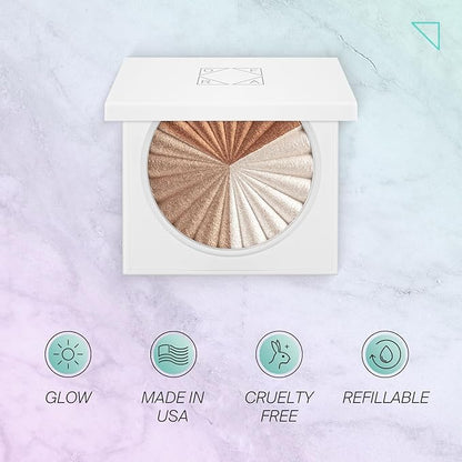 Pressed Powder Highlighter - Face Makeup | Everglow - 3 Shades in 1 Pan | Pearl Shimmer Liquid-To-Baked Powder Highlighter | Refillable Pan | Cruelty-Free Beauty Essential | 7g