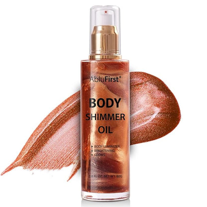 Shimmer Body Oil 4 Colors Face Glitter Summer Body Makeup Moisturizing Light Shimmering Glow Non-Sticky Party Luminizer and Illuminator Smooth (2.8 Fl Oz Pack of 1, Golden Brown)