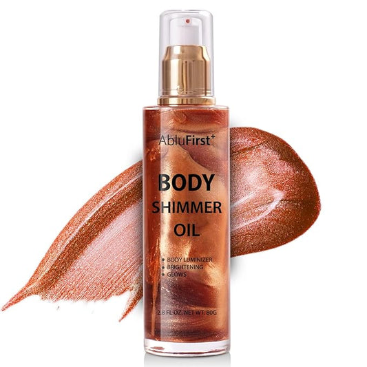 Shimmer Body Oil 4 Colors Face Glitter Summer Body Makeup Moisturizing Light Shimmering Glow Non-Sticky Party Luminizer and Illuminator Smooth (2.8 Fl Oz Pack of 1, Golden Brown)