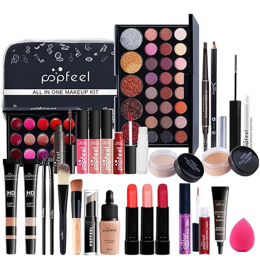 Pure Vie All-in-One Holiday Gift Surprise Makeup Set Essential Starter Bundle Include Eyeshadow Palette Lipstick Concealer Blush Mascara Eyeliner Face Powder Lipgloss Brush - Full Makeup Kit for Women