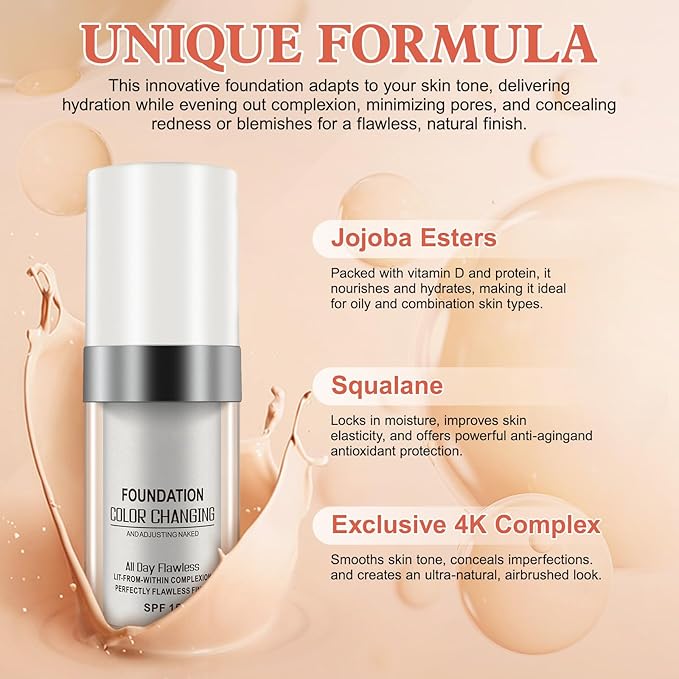 Concealer Cover Cream, Flawless Colour Changing Foundation Makeup, Warm Skin Tone Foundation liquid Base Nude Face Moisturizing Liquid Cover Concealer for Women and Girls