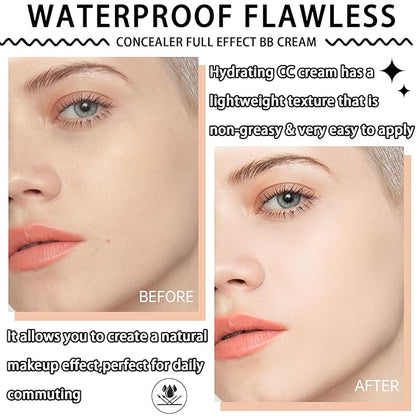 Hydrating CC Cream with Makeup Sponge,Waterproof Flawless Concealer Full Coverage BB Cream and Loose Setting Powder,Long Lasting Full Coverage Liquid Foundation for Men & Women（2 Pcs）