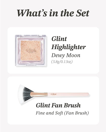 Glint Highlighter Special Set (Dewy Moon(Set), 0.08oz + Fan Brush) - Baked Highlighter for Natural Glow. Korean Makeup by LG Beauty. Rich Pigment, Silky Touch, Shimmer.