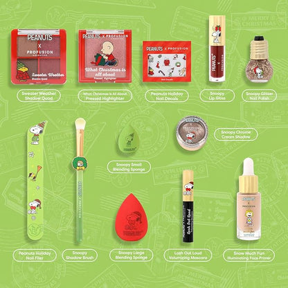 Profusion Cosmetics Peanuts Holiday 12 PC Makeup Essentials, Featuring Highlighter, Primer, Mascara, Nail Decals, and More for Creating Festive Looks