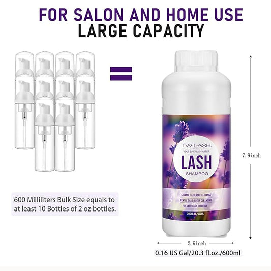 600ml Lash Shampoo Bulk, Eyelash Cleanser for Extensions, Safe Makeup Remover, Non-irritating or Burning Formula Eyelid Foaming Cleanser Best for Professional Salon and Home Use (Lavender)