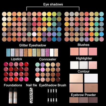 M 187 Colors Professional Makeup Palette - All-in-One Kit With Eye Shadows, Lipsticks, Mascara, Foundations, Blushes, Brow Pencils, Nail File - Makeup Gift Set for Women and Girls