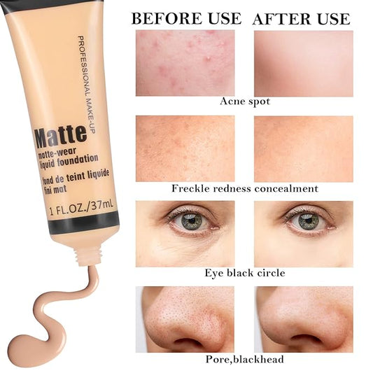 Boobeen Full Coverage Foundation - Concealer Liquid Foundation Matte Creamy Foundation Smoothing Lightweight Flawless Makeup Base