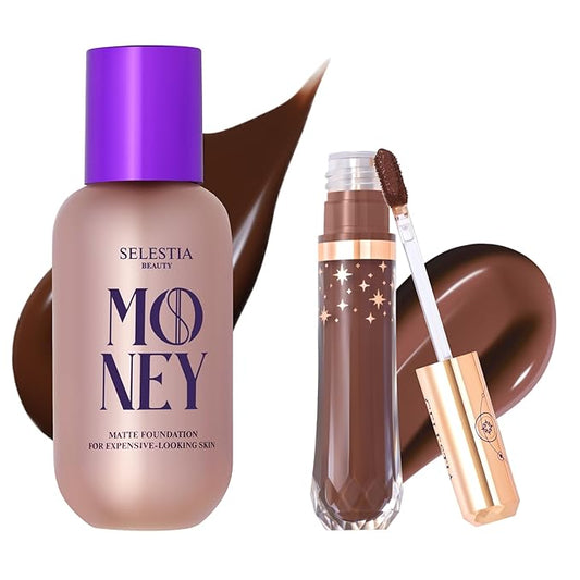 Liquid Foundation & Under Eye Concealer - Make Up Set for Flawless Dark Skin Base - Matte Foundation (Mocha) and Liquid Concealer (Cocoa)