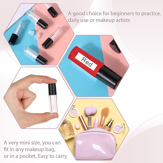 Molain 10pcs Empty Lip Gloss Tubes, 1.2ml Mini Refillable Cosmetic Containers Bottles Lip Balm Bottles for Lipstick Samples, Lip Balms(Black tube cap)