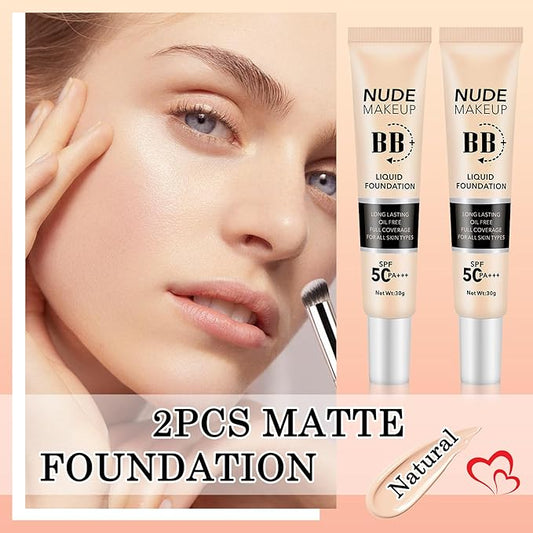 2PCS Full Coverage Concealer Foundation Set,Moisturizing BB Cream,Long Lasting Hydrating Lightweight CC Cream with Makeup Brush,Oil Control Face Moisturizer SPF 50 PA++++ Sunscreen（C）