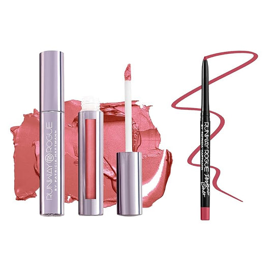 Runway Rogue ‘Starlet’ Bright Coral-Pink Pearl Glam Shimmer Long Wear Liquid Lipstick Bundle with ‘Open Call’ Matte Muted-Raspberry Designer Liner Lip Liner