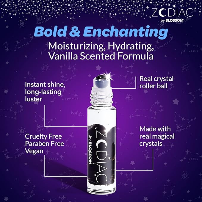 Blossom Lip Gloss Zodiac Sign Vanilla Scented Roll-On Lip Gloss, Moisturizing + Hydrating with Zodiac Crystals, Made in USA, 0.20oz, Scorpio