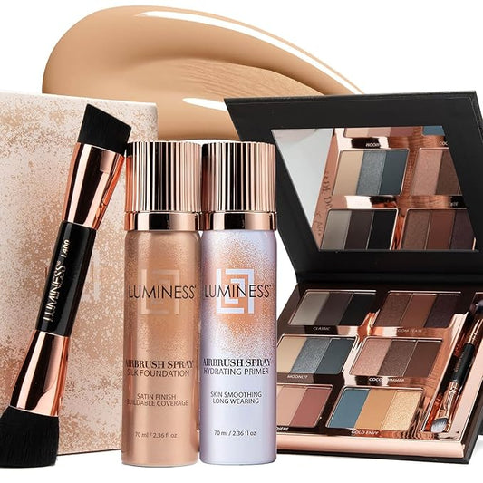 LUMINESS Airbrush Flawless 4-PC Makeup Kit - Includes Eyeshadow Palette, Airbrush Foundation, Primer & Makeup Brushes - Long-Lasting, Silky, Easy to Blend Make Up Set, Travel Size (03 - Light Medium)