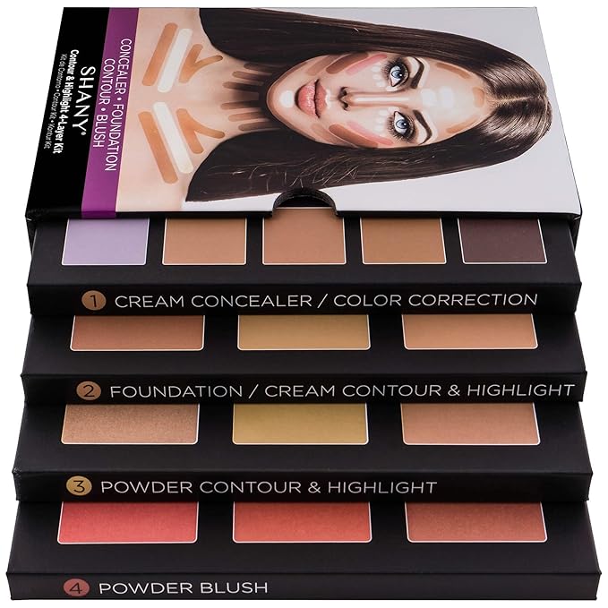 SHANY 4-Layer Contour and Highlight Makeup Kit - Set of Concealer Palette, Color Corrector, Makeup Foundation Palette, Contour Highlight Palette, and Blush Palettes