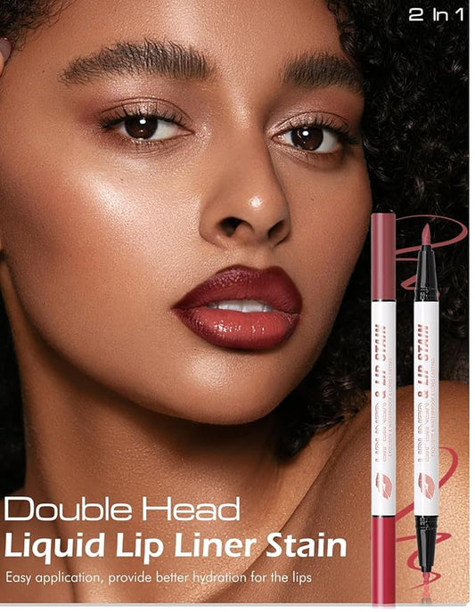 Double-headed Lip Liner Stain Long Lasting Waterproof 2 Colors Liquid Lip Liner Pencil Marker High Pigmented Smooth Application Precise Pen-Like & Chisel Tip Hydrating Lipstick for Women, 06