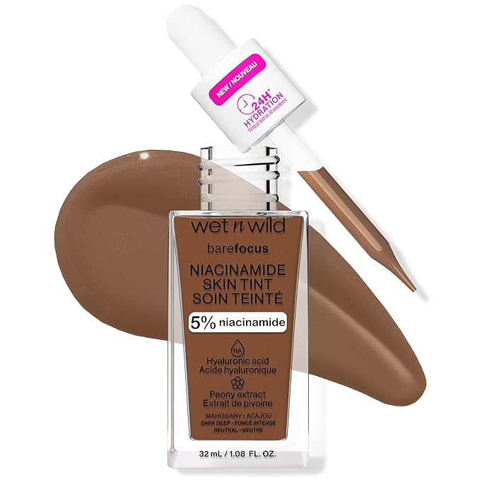 wet n wild Bare Focus Skin Tint, 5% Niacinamide Enriched, Buildable Sheer Lightweight Coverage, Natural Radiant Finish, Hyaluronic & Vitamin Hydration Boost, Cruelty-Free & Vegan-Mahogany