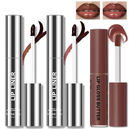 2 Colors Peel Off Lip Liner Stain with Nude Nourishing Lip Gloss Combo for Women, Waterproof Long Wear Tattoo Lip Stain Peel Off, Non Sticky Lip Tint Nude Brown Lip liner Set Lipstick Makeup