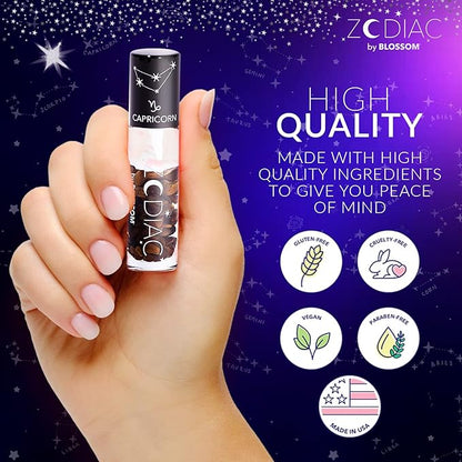 Blossom Lip Gloss Zodiac Sign Vanilla Scented Roll-On Lip Gloss, Moisturizing + Hydrating with Zodiac Crystals, Made in USA, 0.20oz, Capricorn