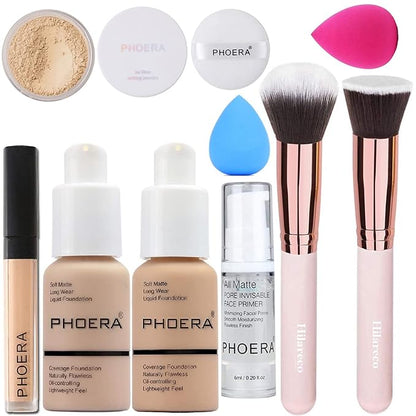 PHOERA Makeup Set - Full Coverage Foundation, Primer, Powder, Concealer & Kabuki Brushes (2 Sponge #103 Warm Peach)