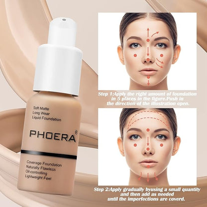 PHOERA Foundation Makeup, Flawless Soft Matte Oil Control Liquid Foundation, Full Coverage Mattle Oil-Control Concealer for Older Women, Great Choice For Gift (#106 Warm Sun)