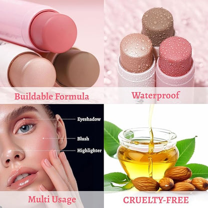Face Stick Trio 3Pcs Multi Makeup Blush Highlighter Contour Sticks, Buildable Blendable Lightweight Cream Blush Stick for Cheeks Lips Make Up For Women (05)