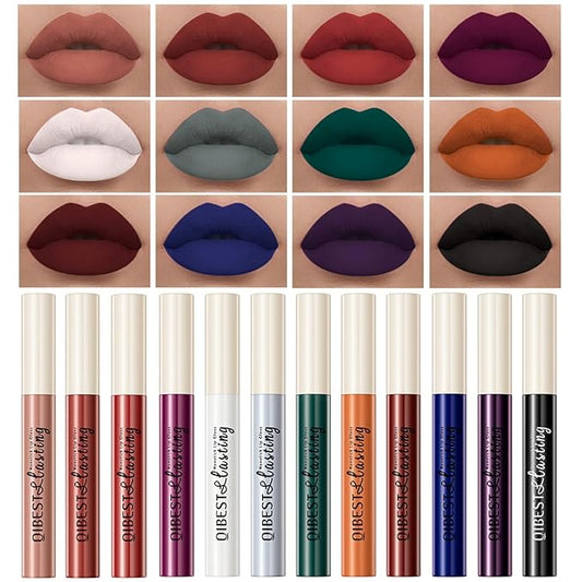 12PCS Matte Liquid Lipstick Set Non-Stick Cup and Not Fade Pigmented Lipstick Long-Lasting Waterproof Velvet Lipgloss Kit Makeup for Girls and Women (Set 02)