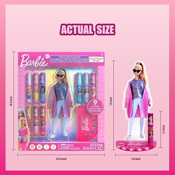 Townley Girl Barbie Lip Gloss with Acrylic Stand for Storage and Display, Plant Based Lip Gloss, Perfect for Parties, Sleepovers, Makeovers, Birthday Gift for Girls, Age 3