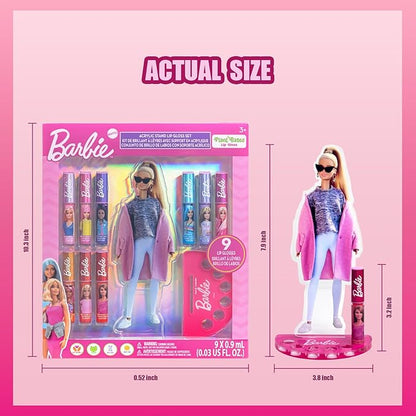 Townley Girl Barbie Lip Gloss with Acrylic Stand for Storage and Display, Plant Based Lip Gloss, Perfect for Parties, Sleepovers, Makeovers, Birthday Gift for Girls, Age 3