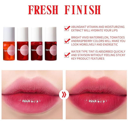4PCS Korean Lip Gloss Set, Lip Tint Stain Set,Mini Liquid Water Tint,Moisturizing Natural,Long Lasting Waterproof,Multi-Use Lip and Cheek Tint(Apple& Strawberry& Watermelon& Cherry)