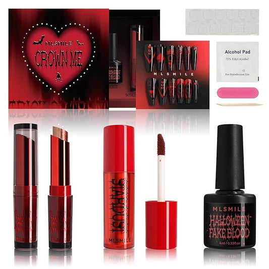 Halloween Makeup Kit,Halloween Press On Nail With Tools,SFX Make up Set Fake Blood Cream,Powder Lipstick,two-tone eyeshadow,2024 New Halloween Party Supplies