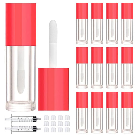 2.5ml 12 PCS Empty Lip Gloss Tubes with Wand Lip Gloss Containers Cute 0.08oz Clear Refillable Lipgloss Making Supplies Kit for DIY Makeup+ 2pcs Syringes (Red)