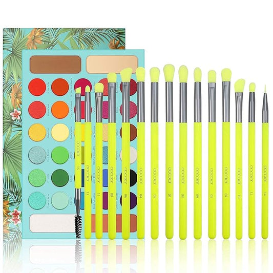 Docolor 15Piece Eye Makeup Brushes Set + 34 Colors Tropical Eeyshadow Palette Pigmented Matte Shimmer Metallic Blendable Soft Cream Powder Makeup Eye Shadow Palettes for Christmas Gift