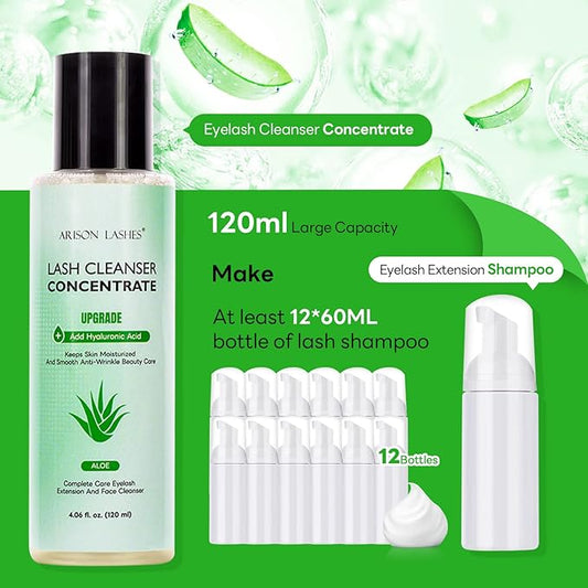 ARISON LASHES Lash Shampoo Concentrate - 120ml Large Capacity Eyelash Cleanser for Professional Extensions, Makes 24 Bottles of 60ml Aloe Lash Shampoo