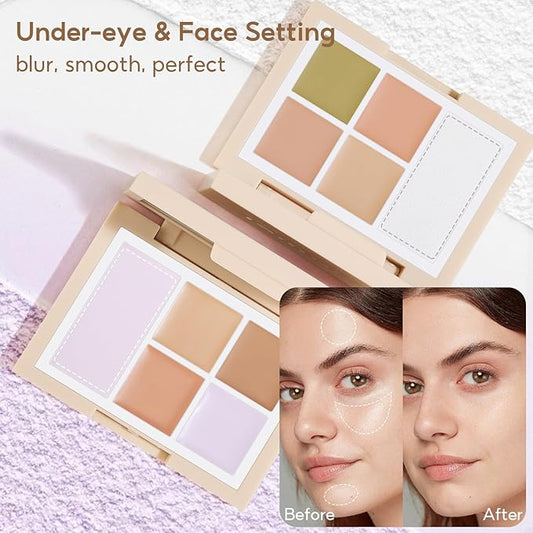 Color Corrector Palette for Dark Circles, Redness & Blemishes, Creamy Concealer + Setting Powder with Hydrating Ingredients, 12H Crease-Proof Wear, 02# Bright Tone