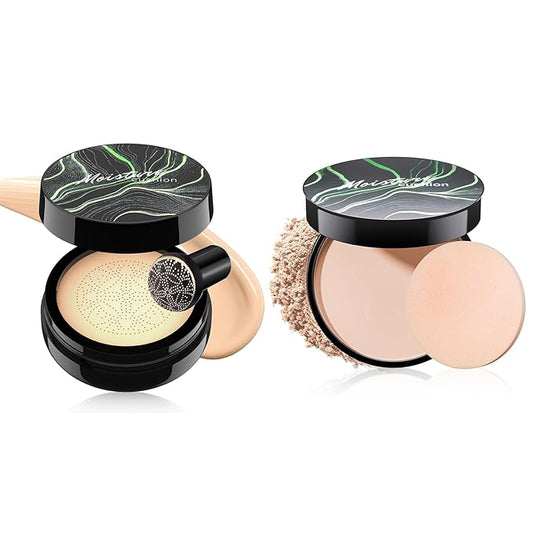 Mushroom Head Air Cushion CC Cream Strong Concealer, Moisturizing BB Cream Makeup Base Primer Even Skin Tone for All Skin Types, Face Makeup Cushion Foundation Long Lasting (Natural+Setting Powder)