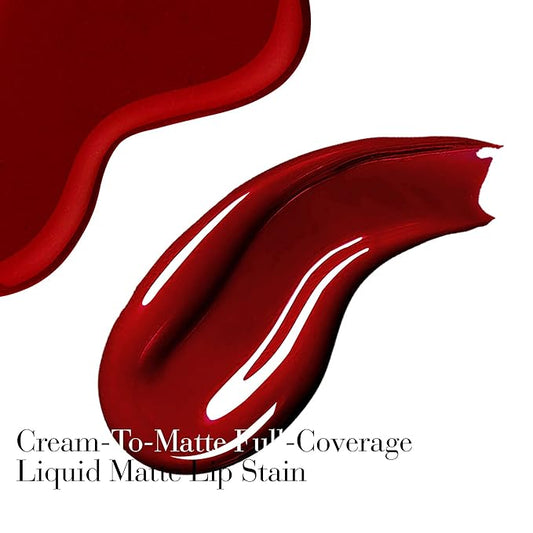 Cream-To-Matte Full-Coverage Liquid Matte Lip Stain, Lipstick, Long Lasting, Waterproof Cosmetics, Velvety Texture, Smudge-Resistant, Super Stay, Signature Intense Color 0.16 oz
