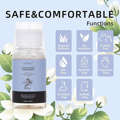 Eyelash Cleanser Concentrate 60ml Jasmine Professional Lash Shampoo Foaming Cleanser DIY Non-lrritating Wash for Extensions Lashes with Salon Home Care-Makes 12 Bottles