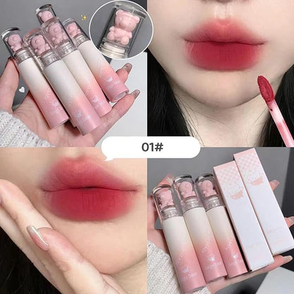 6pcs Pink Bear Matte Lip Gloss, Cute Bear Liquid Lipstick Lip Stain Long Lasting Waterproof Smooth Lip Gloss Lip Glaze Mud Texture Lightweight High Pigment Color Makeup